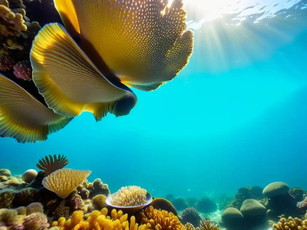 Una imagen submarina vibrante con mariscos estacionales, destacando la belleza natural