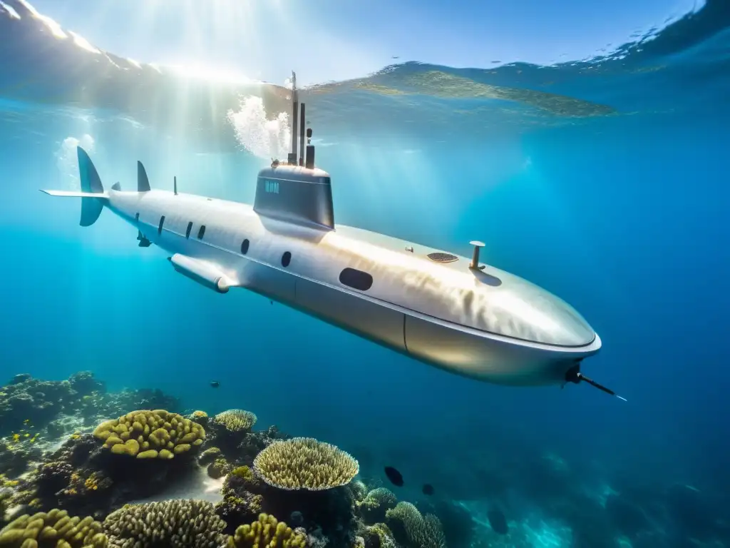 Una imagen de un submarino futurista deslizándose elegantemente por aguas oceánicas cristalinas, rodeado de vida marina vibrante