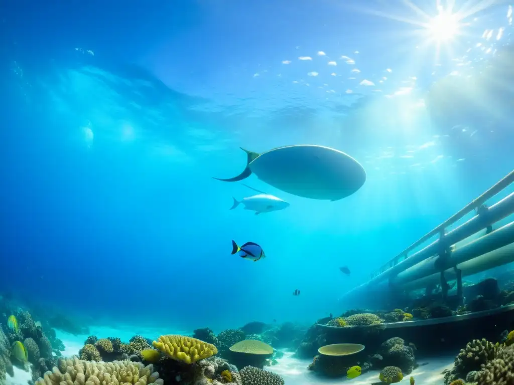 Imagen de la tecnología de desalinización innovadora en planta submarina, rodeada de vida marina colorida y aguas azules cristalinas