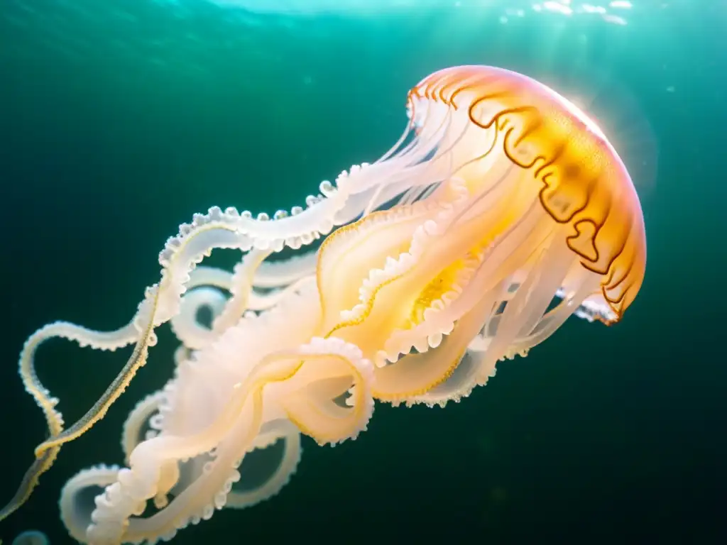 Imagen de tentáculos de medusa iluminados por la luz solar en el agua, mostrando la belleza y peligro de la medusa