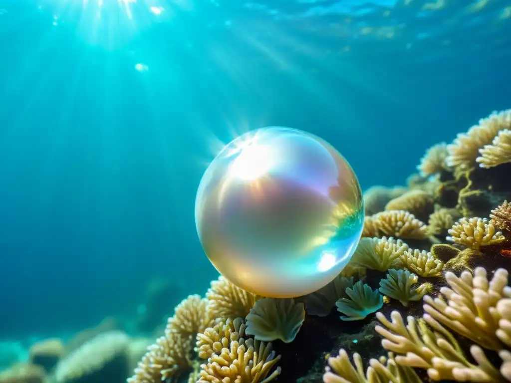 Imagen de un tesoro submarino: una perla resplandeciente reposa sobre coral iridiscente, rodeada de algas ondulantes y bañada por la luz del sol