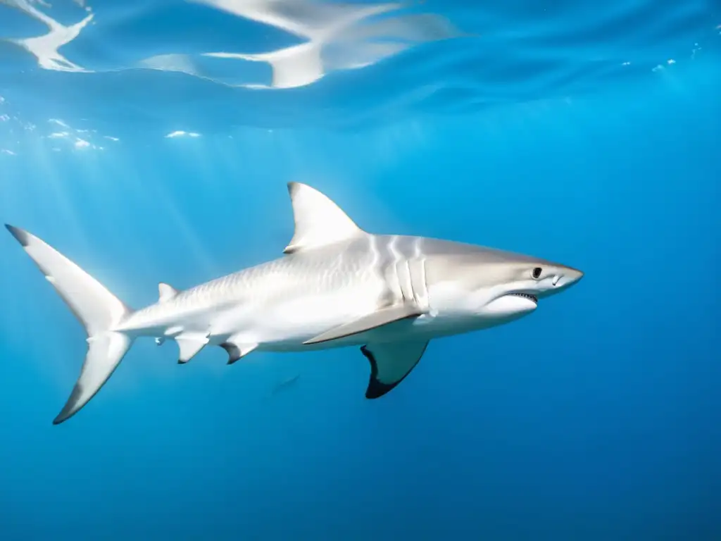 Imagen de un tiburón plateado nadando entre peces y tortugas en el océano, destacando la adaptación de los tiburones en su ecosistema