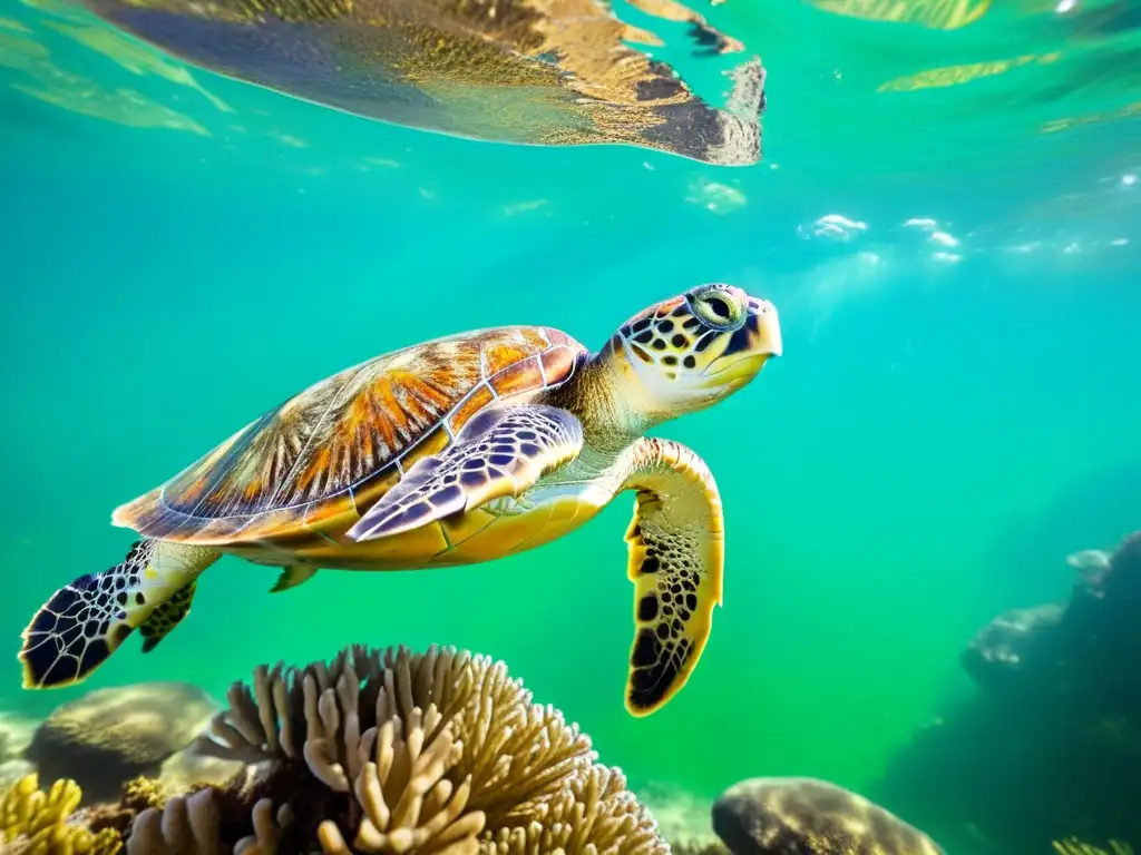 La imagen muestra una tortuga marina nadando entre corales, con su caparazón verde y dorado brillando bajo el agua