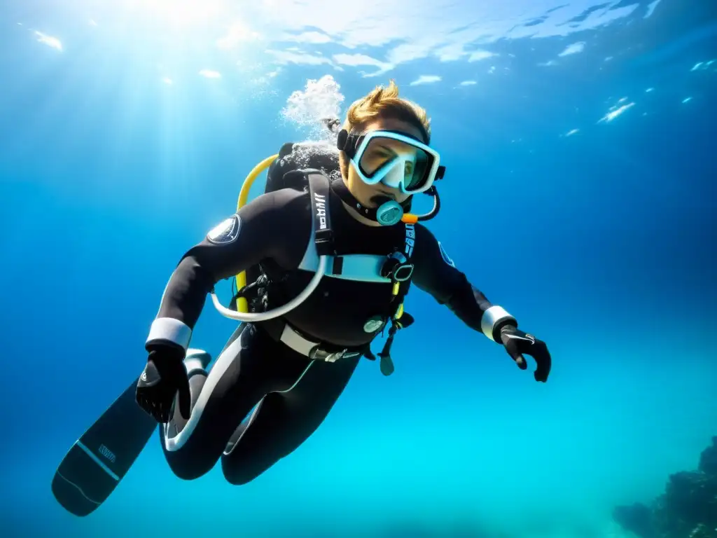 Imagen de un traje seco para exploración marina, con detalles innovadores y buzo en pose dinámica, rodeado de aguas azules cristalinas