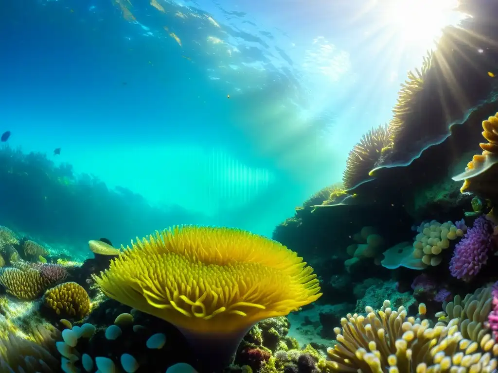 Una imagen ultrarresplandeciente de un vibrante arrecife de coral rebosante de anémonas, peces de colores vivos y algas ondeantes