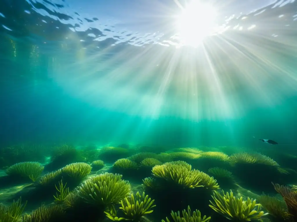 Imagen única: la superficie del agua capturada en un resplandor etéreo, revelando un vibrante ecosistema acuático