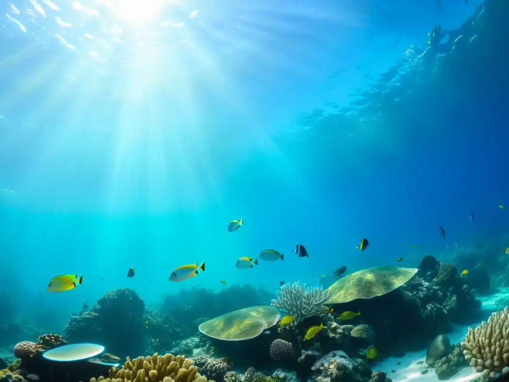 Imagen de un vibrante arrecife de coral bajo el agua, con vida marina colorida y plantas marinas meciéndose