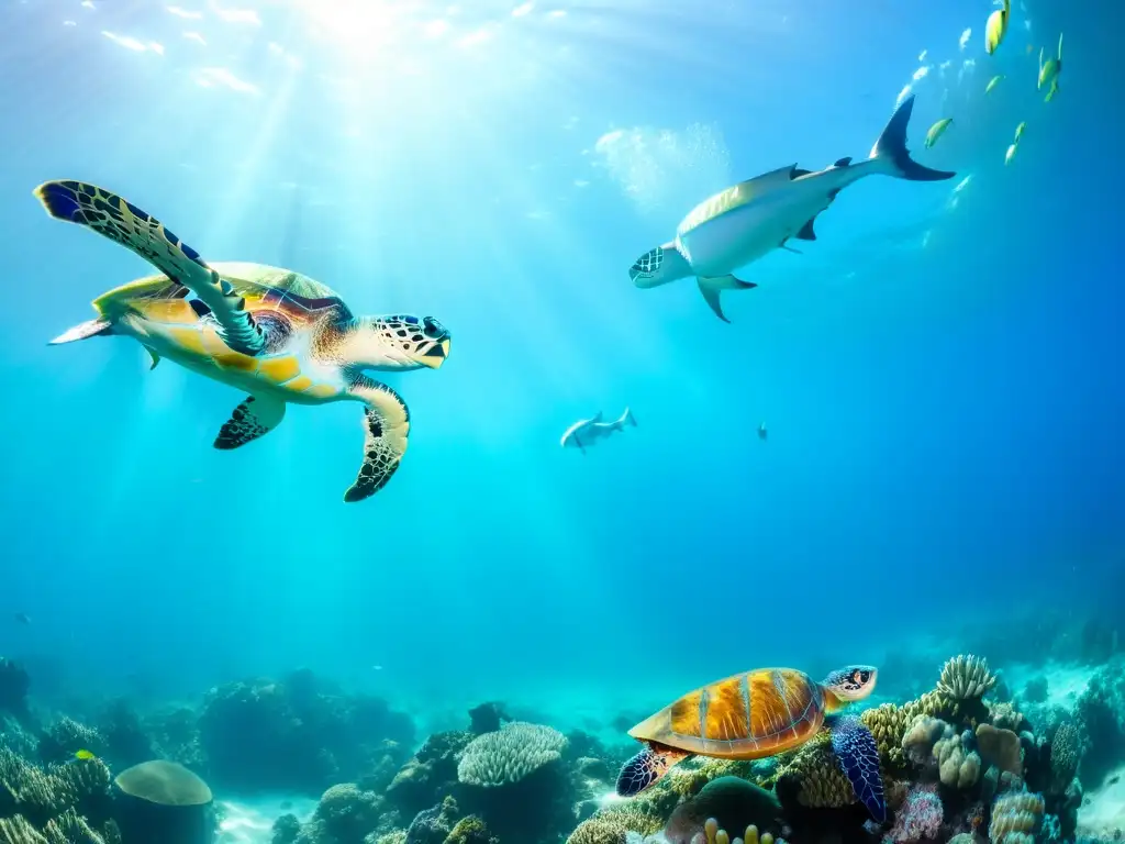 Imagen de un vibrante arrecife de coral bajo el agua, con vida marina diversa y hermosa