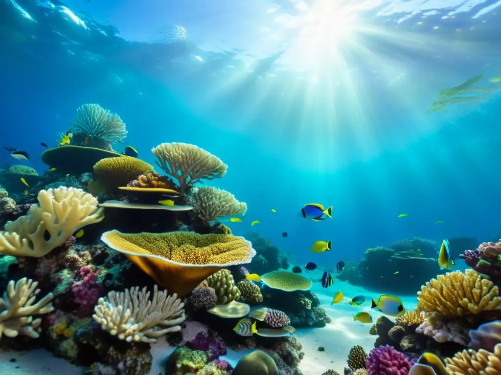 Imagen de un vibrante arrecife de coral bajo el agua, con peces coloridos y formaciones de coral, capturando la belleza del ecosistema marino