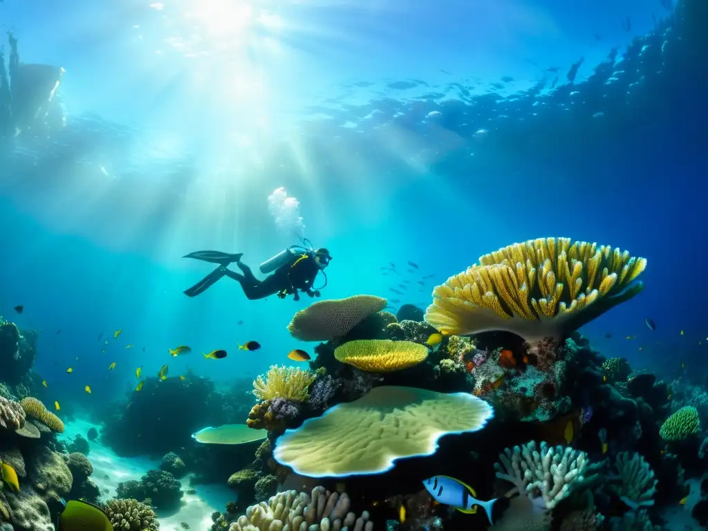 Imagen de un vibrante arrecife de coral bajo el agua, con peces coloridos nadando entre las formaciones de coral