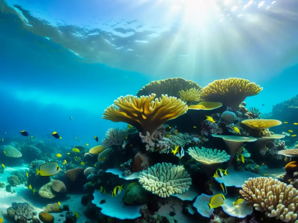 Imagen de un vibrante arrecife de coral bajo el agua, con vida marina en detalle