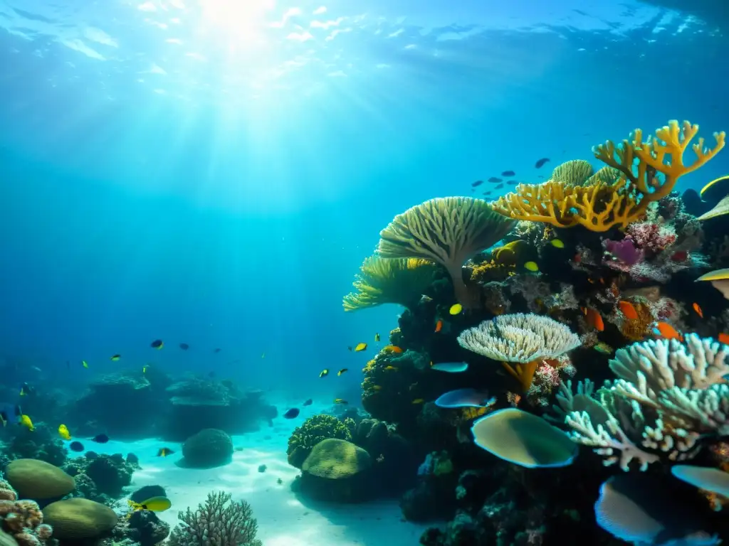 Imagen de un vibrante arrecife de coral bajo el agua, iluminado por los rayos del sol, mostrando la belleza natural de los acuarios marinos