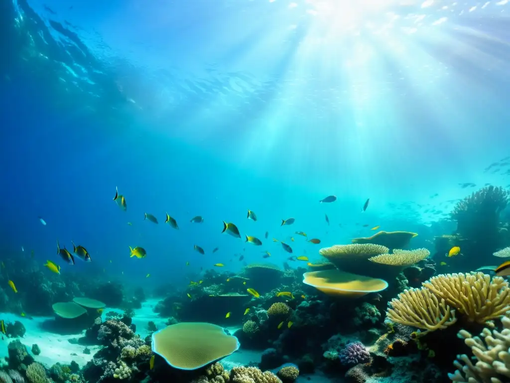 Imagen de un vibrante arrecife de coral, lleno de vida marina y coloridos peces