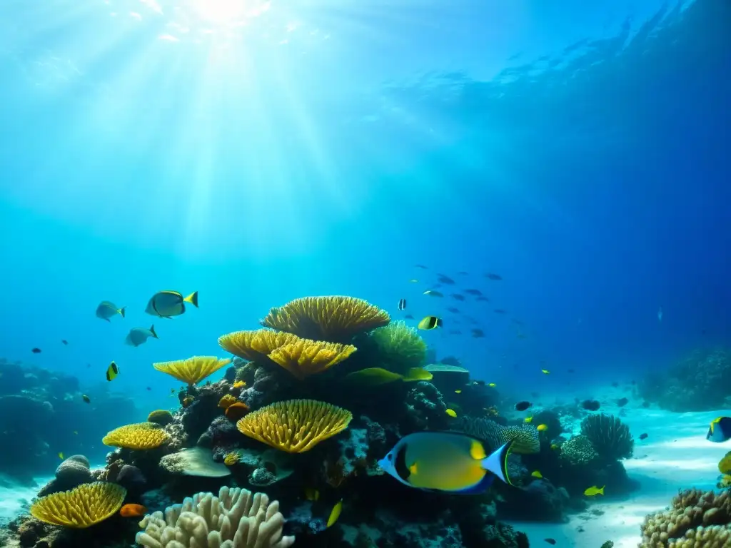 Imagen de un vibrante arrecife de coral lleno de vida marina y plantas marinas, mostrando la importancia de la gobernanza áreas protegidas marinas