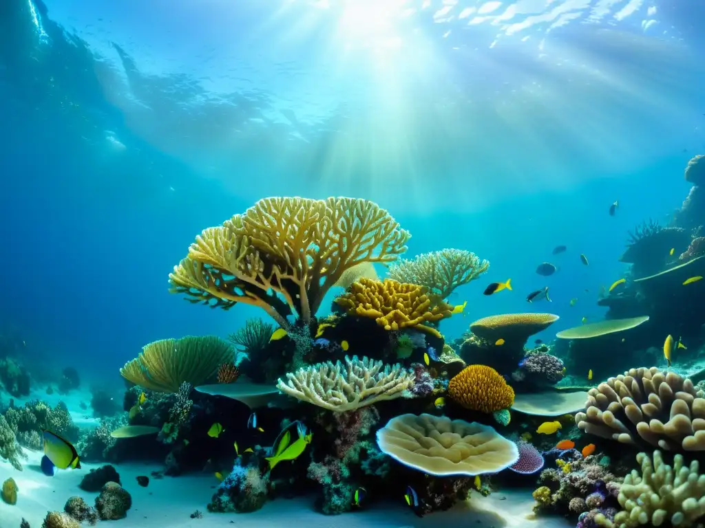 Imagen de un vibrante arrecife de coral con vida marina diversa, evocando tranquilidad y belleza natural