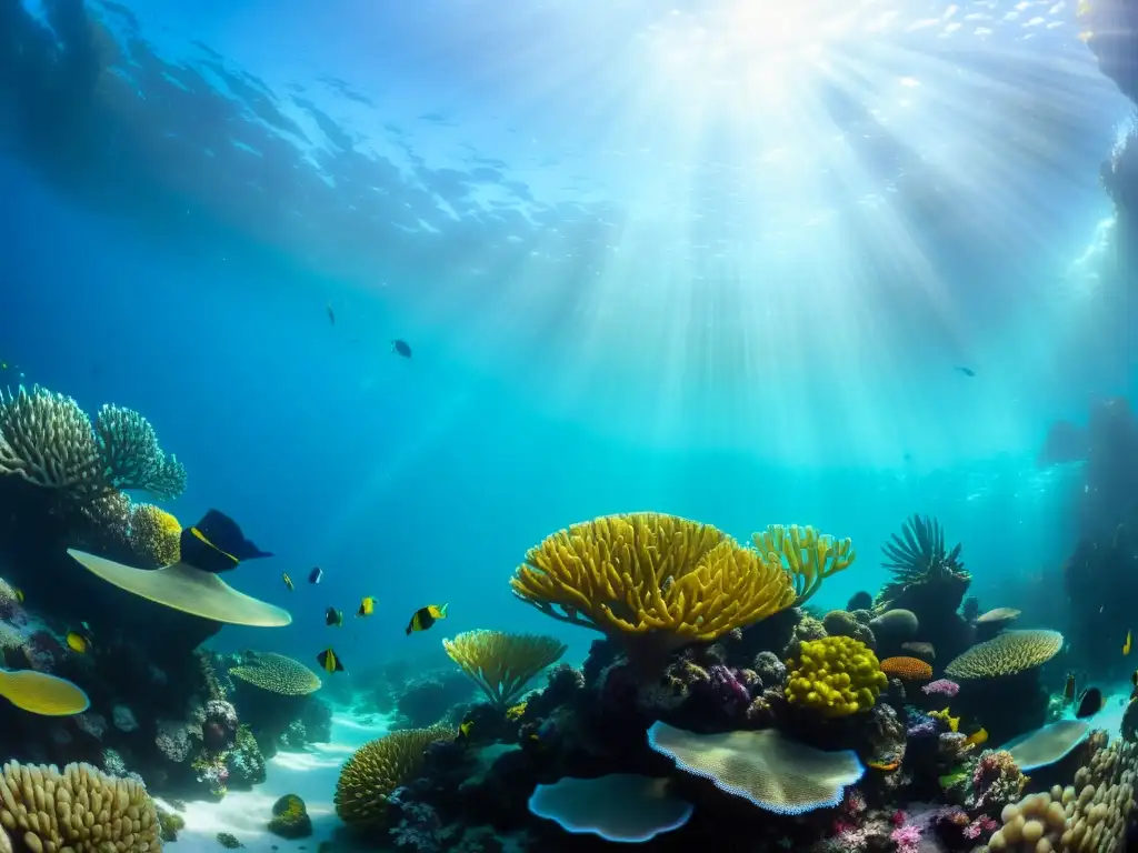 Imagen de un vibrante arrecife de coral con vida marina diversa, bajo el agua cristalina