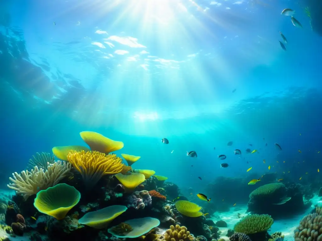 Imagen de un vibrante arrecife de coral repleto de vida marina, en un ecosistema marino biodiverso