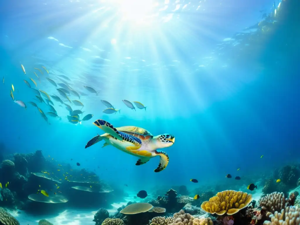 Imagen de un vibrante arrecife de coral con peces coloridos y un majestuoso tortuga marina