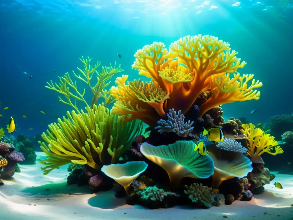 Imagen de un vibrante arrecife de coral en un acuario marino, con peces coloridos y plantas acuáticas exuberantes