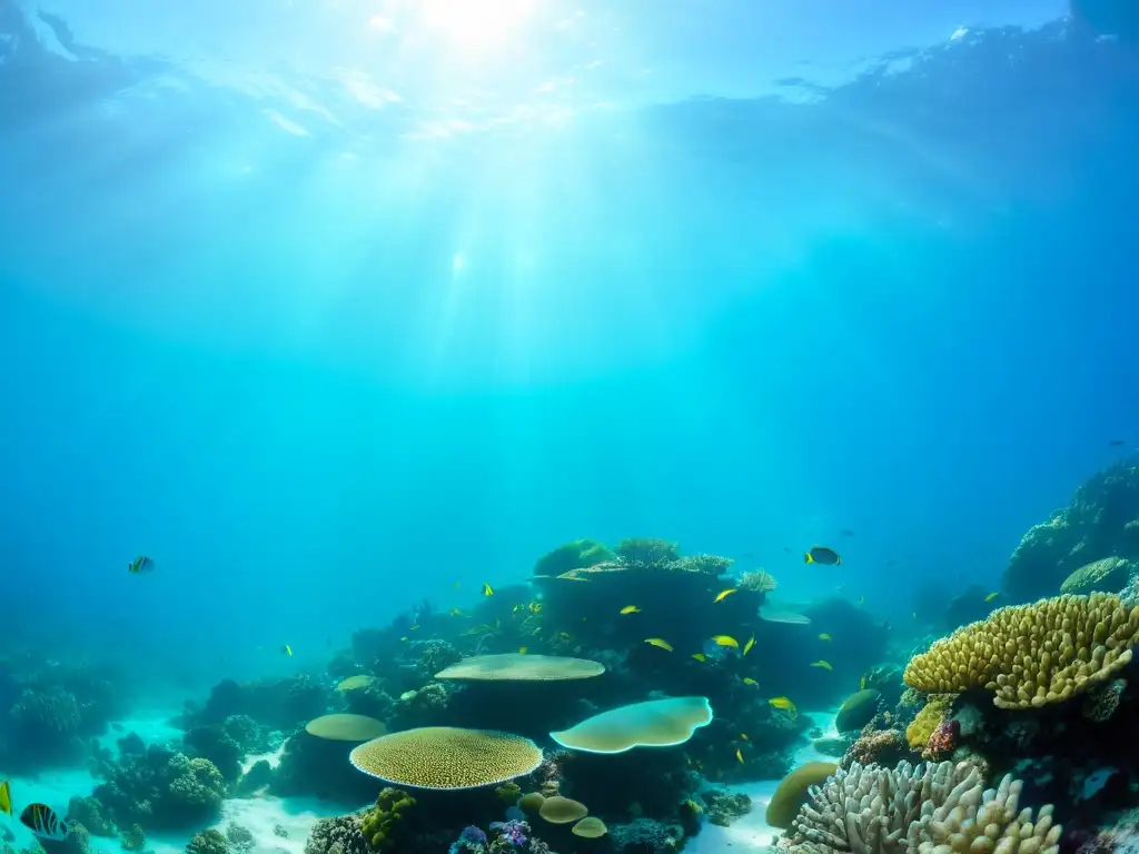 Imagen de un vibrante arrecife de coral, con diversidad de vida marina y una impresionante claridad