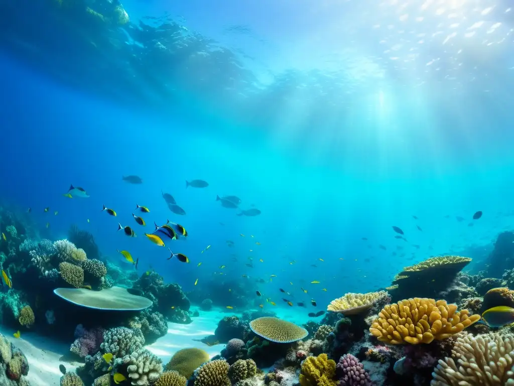 Imagen de un vibrante arrecife de coral repleto de vida marina, con peces coloridos y formaciones de coral, en un ambiente dinámico y frágil