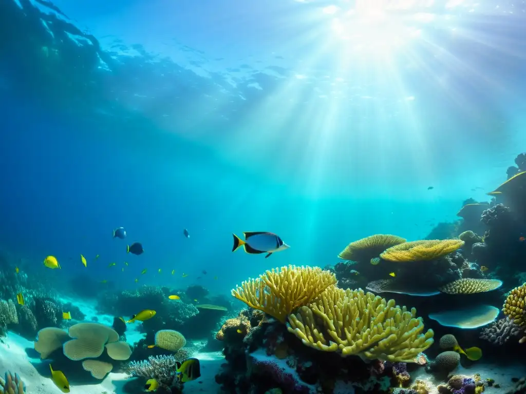 Imagen de un vibrante arrecife de coral, con variedad de vida marina y una hermosa iluminación acuática