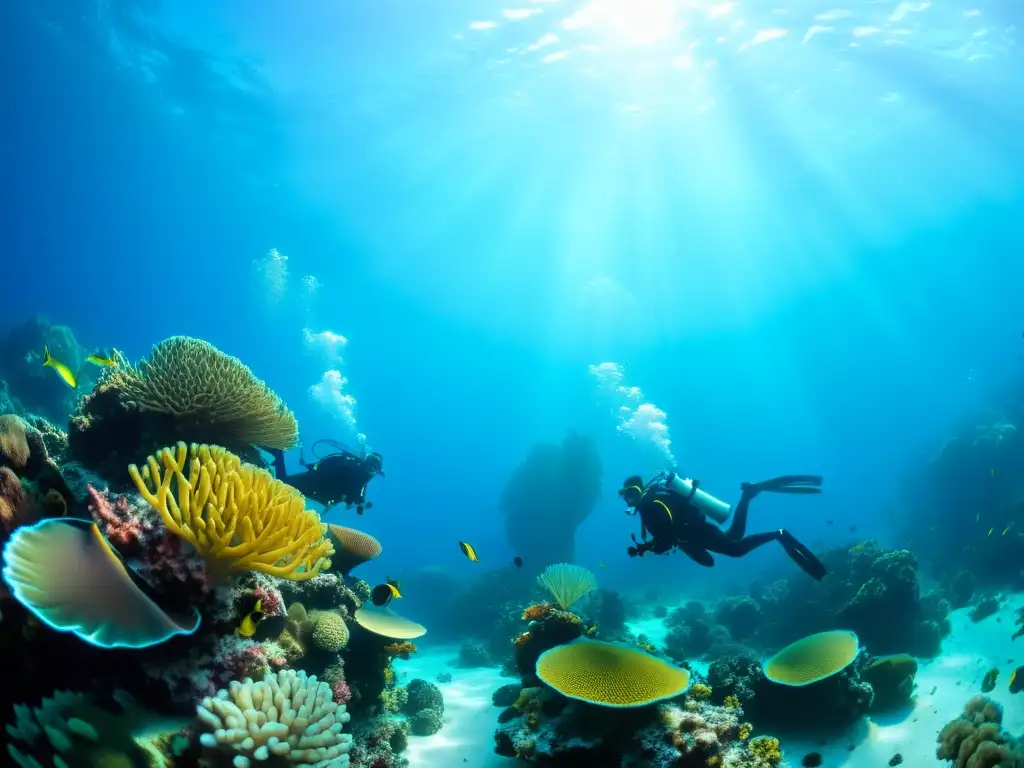 Imagen de un vibrante arrecife de coral con buceadores explorando, bajo el agua azul clara