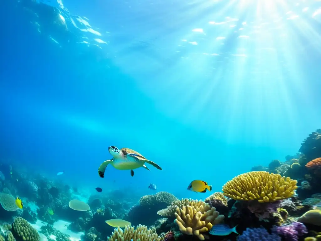 Imagen de un vibrante arrecife de coral con peces coloridos y agua cristalina