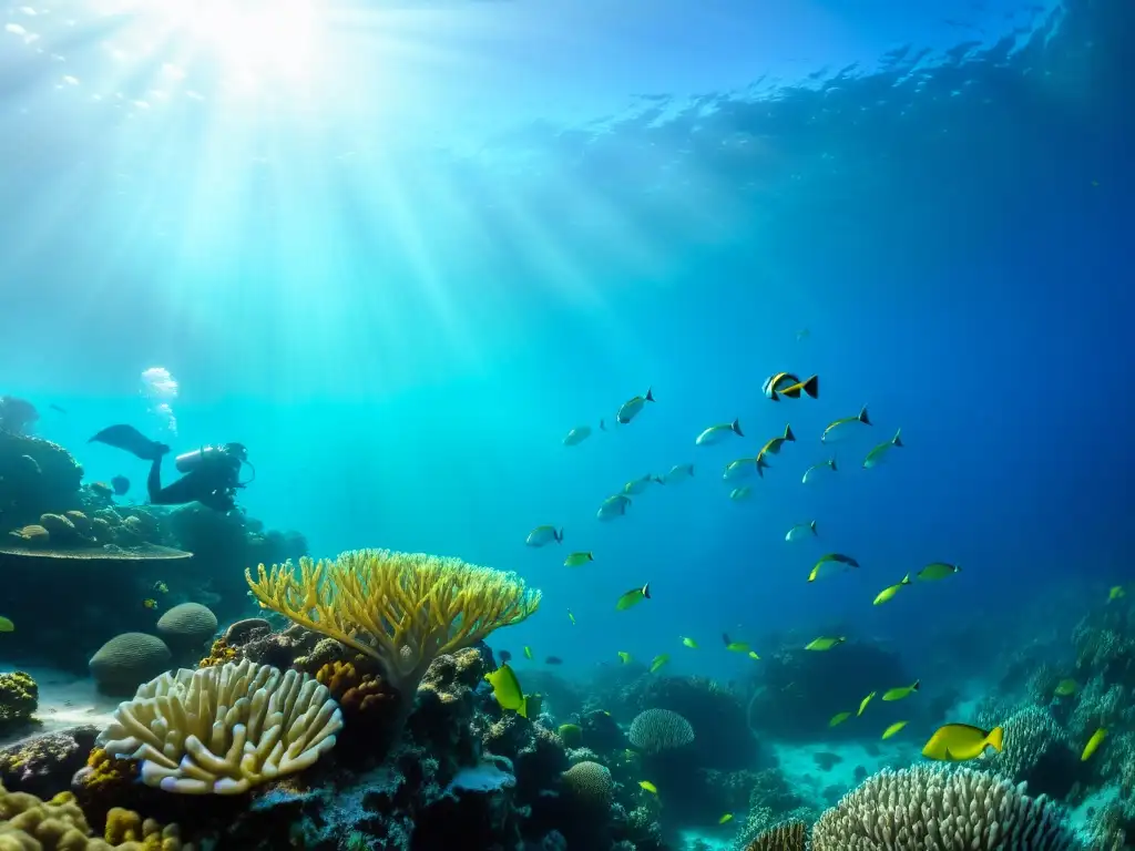 Imagen de un vibrante arrecife de coral lleno de vida marina, peces coloridos y plantas marinas