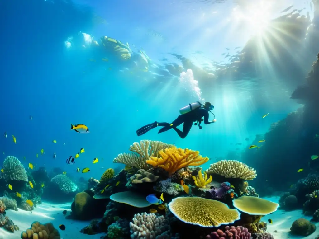 Imagen de un vibrante arrecife de coral, repleto de vida marina colorida, bajo el agua cristalina
