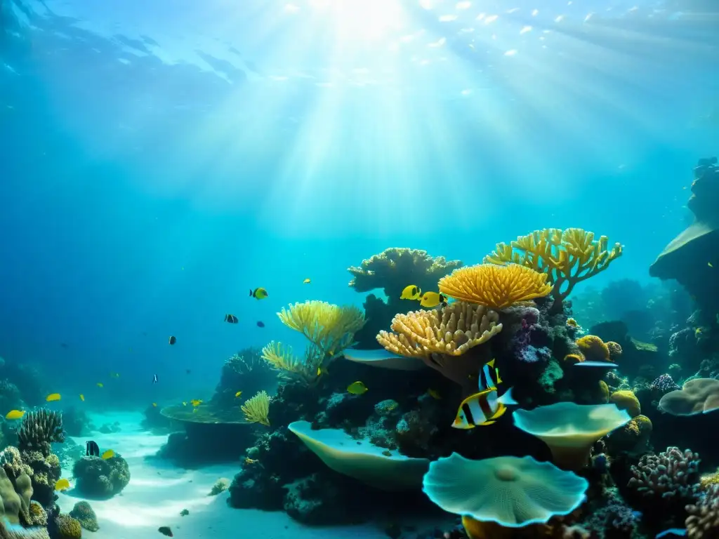 Imagen de un vibrante arrecife de coral con peces coloridos, plantas marinas y formaciones de coral