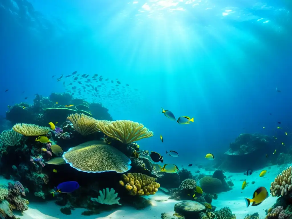 Imagen de un vibrante arrecife de coral con vida marina, destacando la belleza y biodiversidad del ecosistema submarino