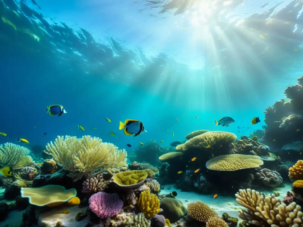 Imagen 8k de un vibrante arrecife de coral, peces coloridos y suave movimiento de algas en un acuario recreando corrientes marinas