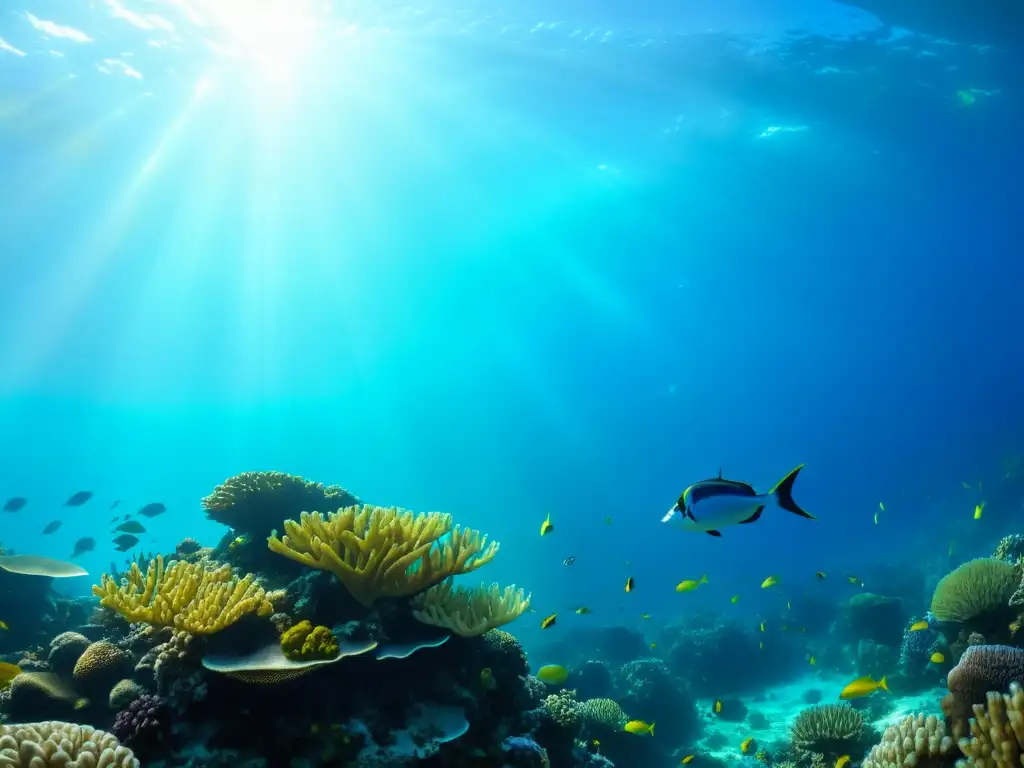 Imagen de un vibrante arrecife de coral, lleno de peces coloridos y vida marina, bañado por la luz del sol