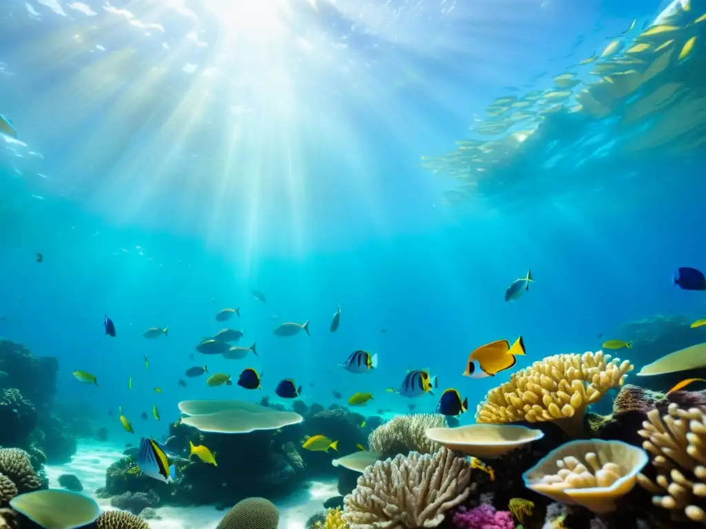 Imagen de un vibrante arrecife de coral con peces tropicales, plantas marinas y luz solar filtrándose