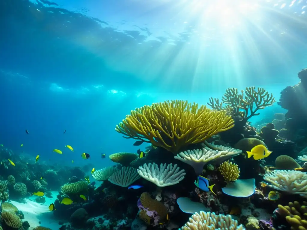 Imagen de un vibrante arrecife de coral con vida marina diversa, reflejando la belleza natural del mundo submarino