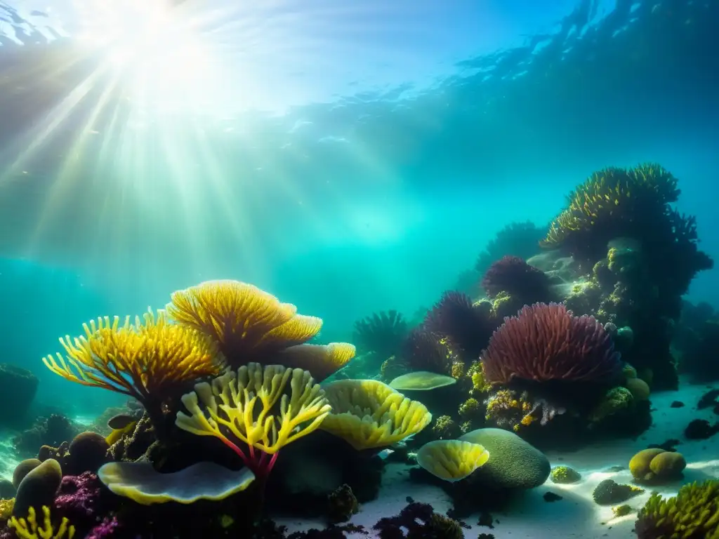 Imagen de un vibrante arrecife de coral con algas comestibles en su hábitat natural, evocando la cocina sostenible y la belleza marina