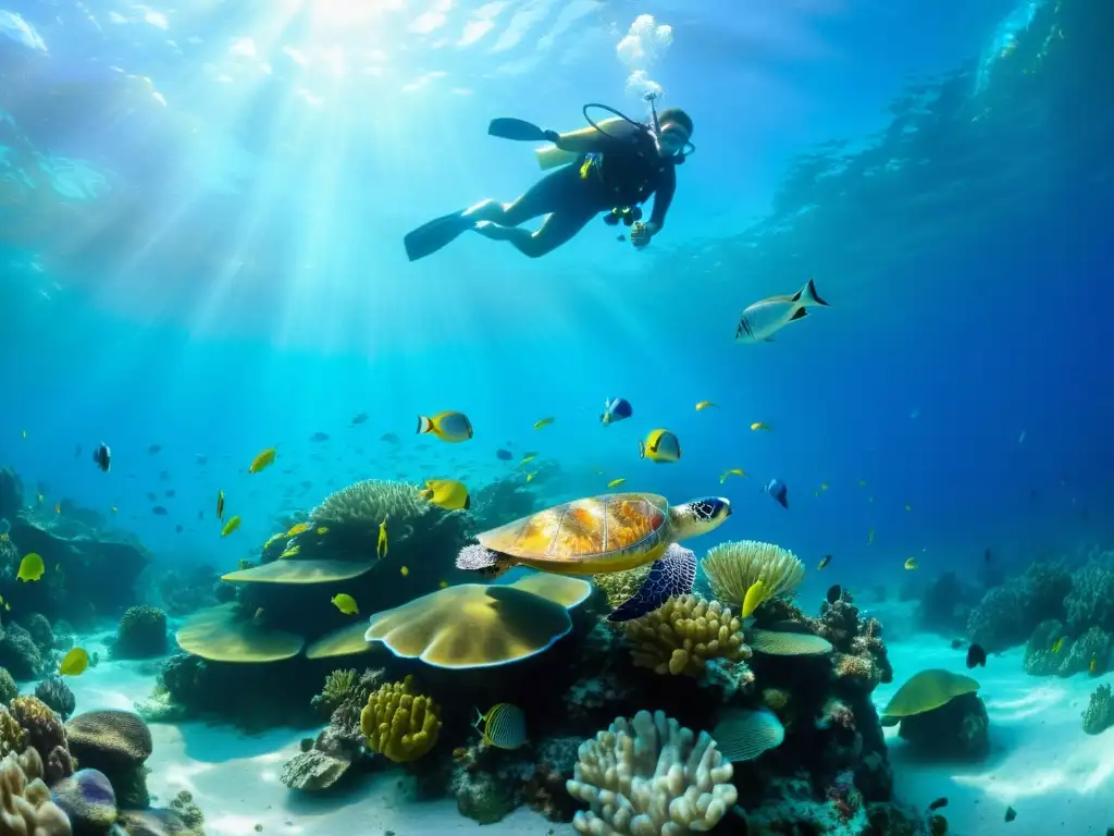 Imagen de un vibrante arrecife de coral con peces coloridos y una majestuosa tortuga marina