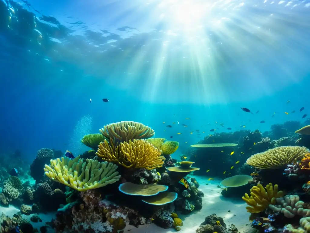 Imagen de un vibrante arrecife de coral con peces y plantas marinas, destacando ingredientes raros cocina mariscos premium en el mundo submarino