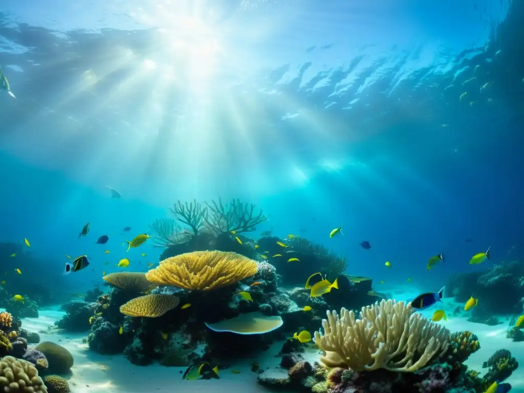 Maravilla subacuática: arrecife de coral vibrante y vida marina Imagen vibrante de un arrecife de coral lleno de vida marina y plantas marinas en movimiento, replicar corrientes marinas acuario