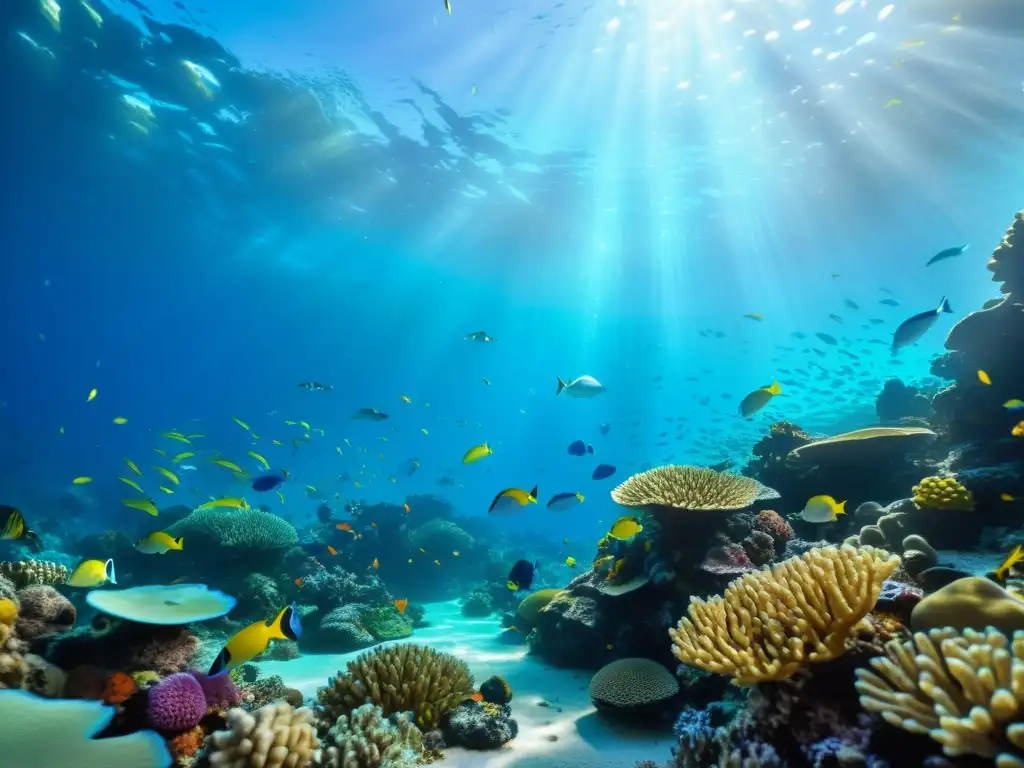 Imagen 8k de un vibrante arrecife de coral, lleno de peces coloridos y vida marina, bajo la luz del sol en el agua azul clara, mostrando la belleza y diversidad de los ecosistemas marinos, con impacto económico de la tecnología marina