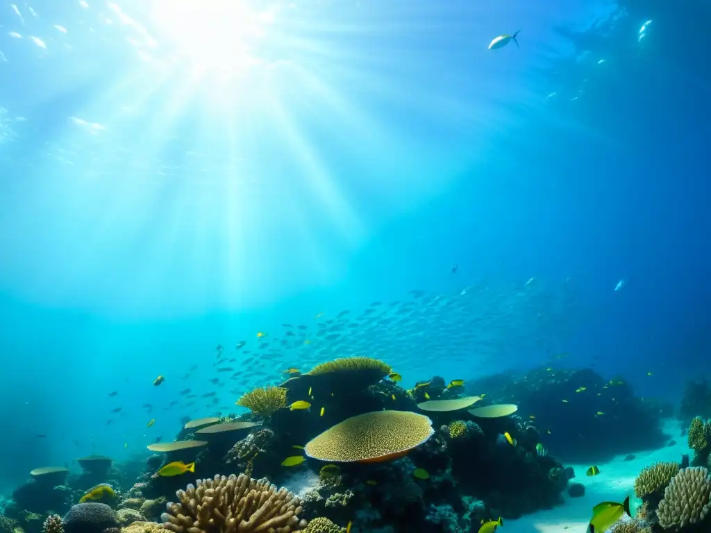 Imagen de un vibrante arrecife de coral, con peces tropicales, tortugas marinas y formaciones de coral, transmitiendo el mensaje de certificaciones pesca responsable sostenibilidad en un impresionante escenario submarino