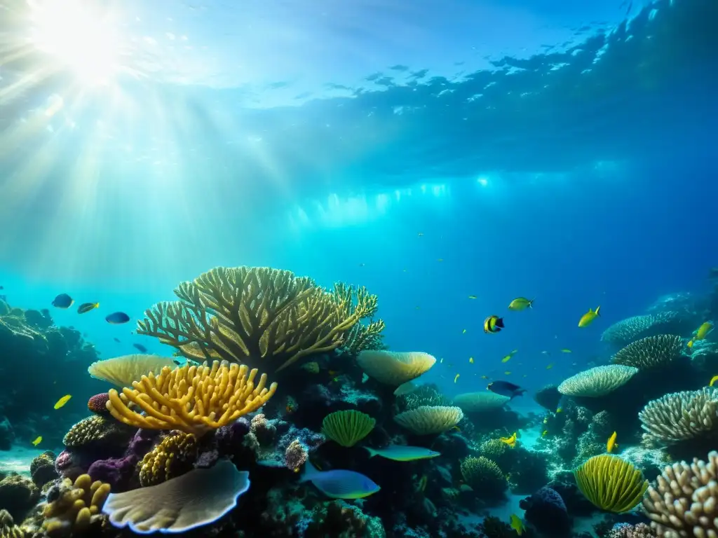 Imagen de un vibrante arrecife de coral con peces coloridos y plantas marinas, mostrando la belleza de la conservación marina