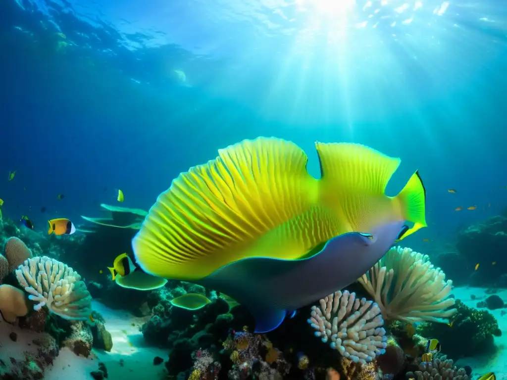 Imagen de un vibrante arrecife de coral, hogar de peces coloridos y anémonas, recreando corrientes marinas acuario