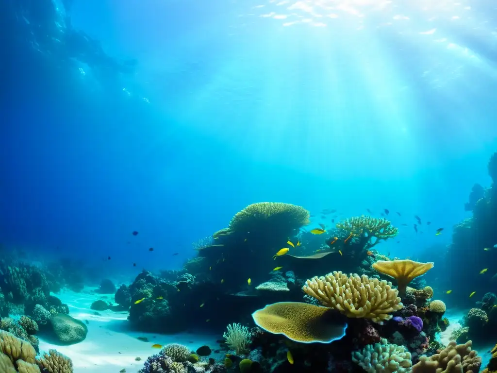 Imagen de un vibrante arrecife de coral con vida marina, peces coloridos y luz solar en el fondo marino