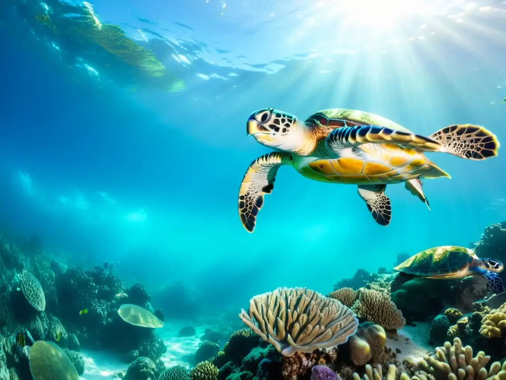 Imagen de un vibrante arrecife de coral con tortugas marinas nadando entre formaciones, iluminadas por la luz solar