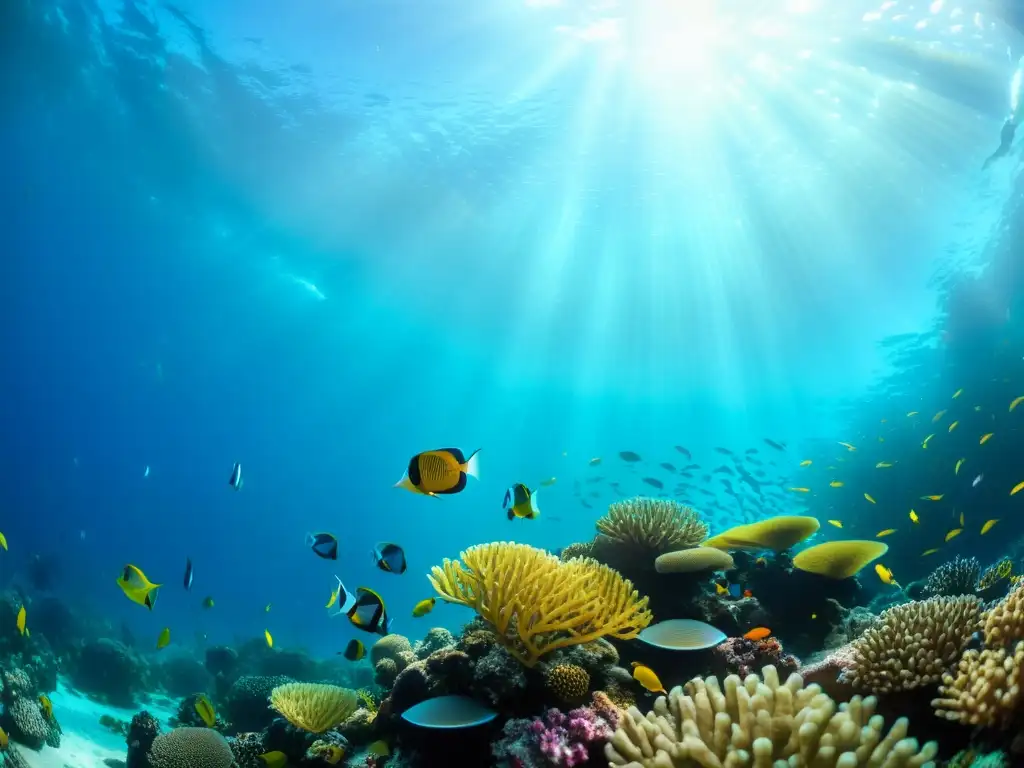 Imagen de un vibrante arrecife de coral con vida marina y trajes de baño estampados, sumergido en aguas cristalinas