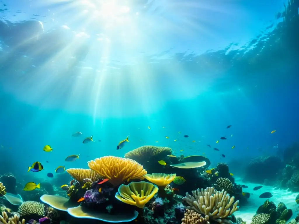 Imagen de un vibrante arrecife de coral submarino, poblado de peces coloridos y plantas marinas, bajo la luz del sol