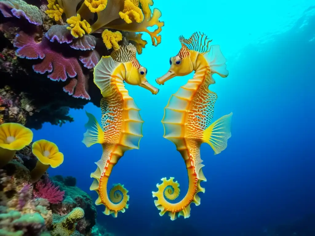 Imagen de un vibrante arrecife de coral con dos majestuosos caballitos de mar, destacando la conservación del caballito de mar en su hábitat submarino