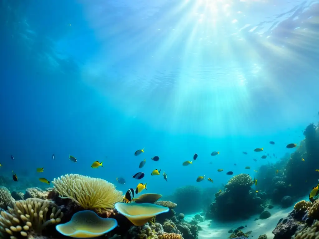 Imagen de un vibrante arrecife de coral con peces coloridos y plantas marinas, iluminado por la luz solar